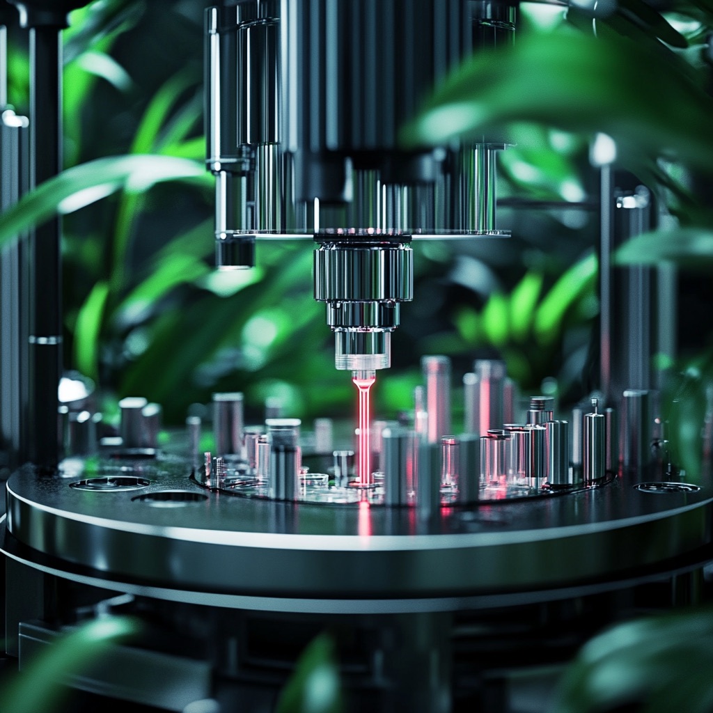 Precision lab equipment surrounded by tropical plant leaves